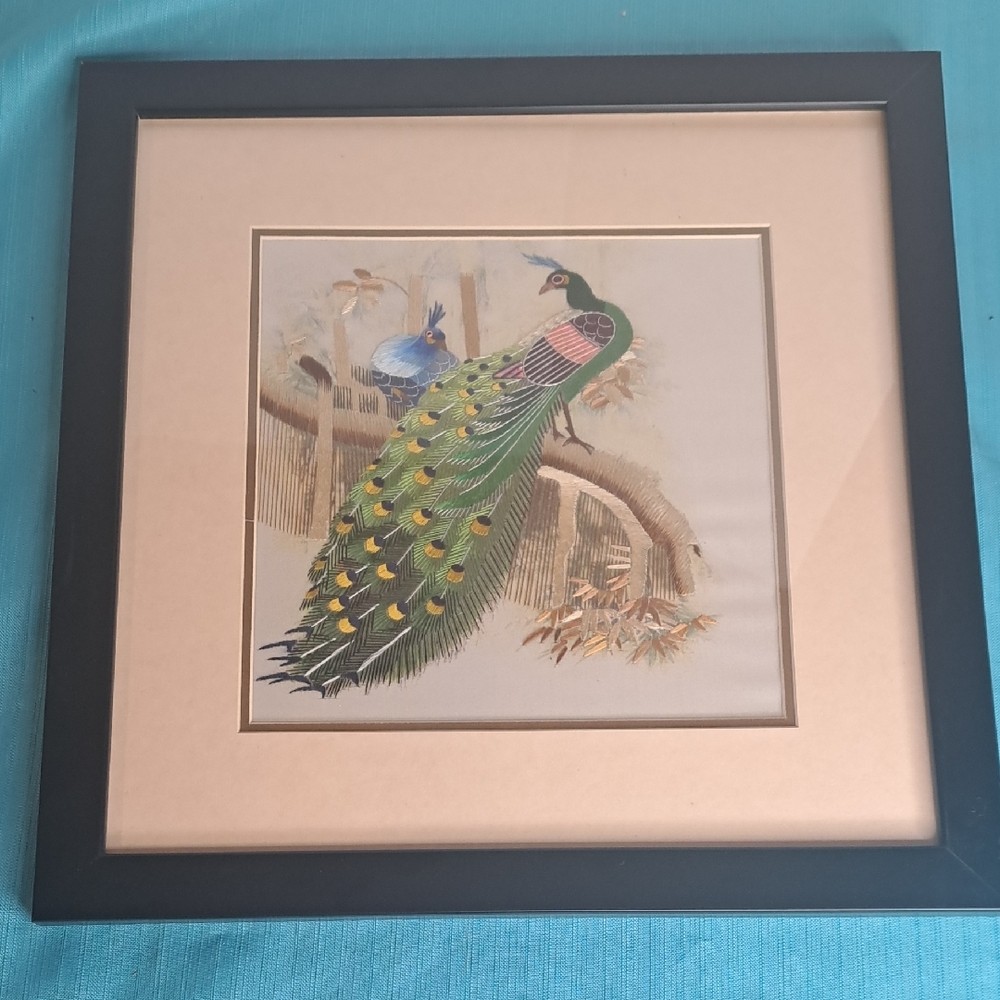 Framed Peacock Silk Art